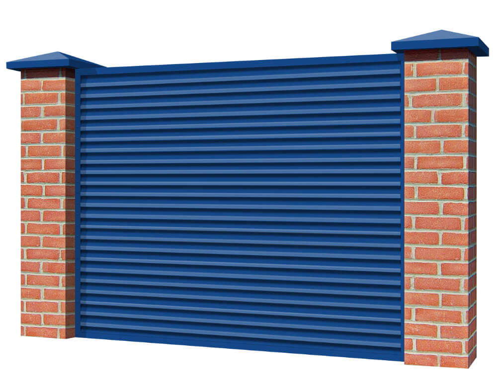 Секция забора жалюзи из ламелей Жалюзи ЭКО-Z RAL5005 Синий сигнал с кирпичными столбами
