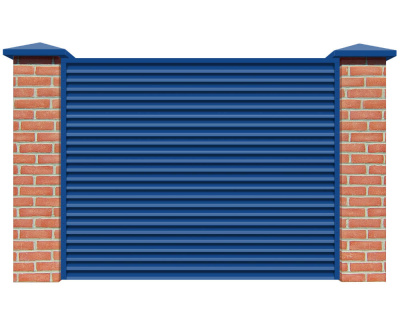 Секция забора жалюзи из ламелей Жалюзи ЭКО-Z RAL5005 Синий сигнал с кирпичными столбами анфас